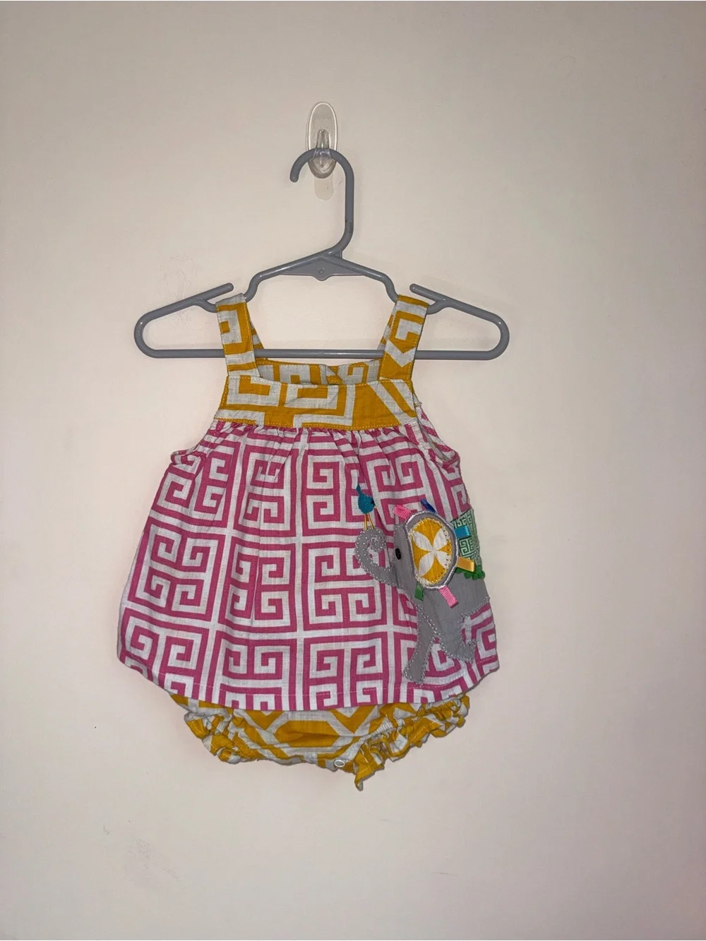 Girls' Pink & Yellow Patterned Sundress Romper with Elephant